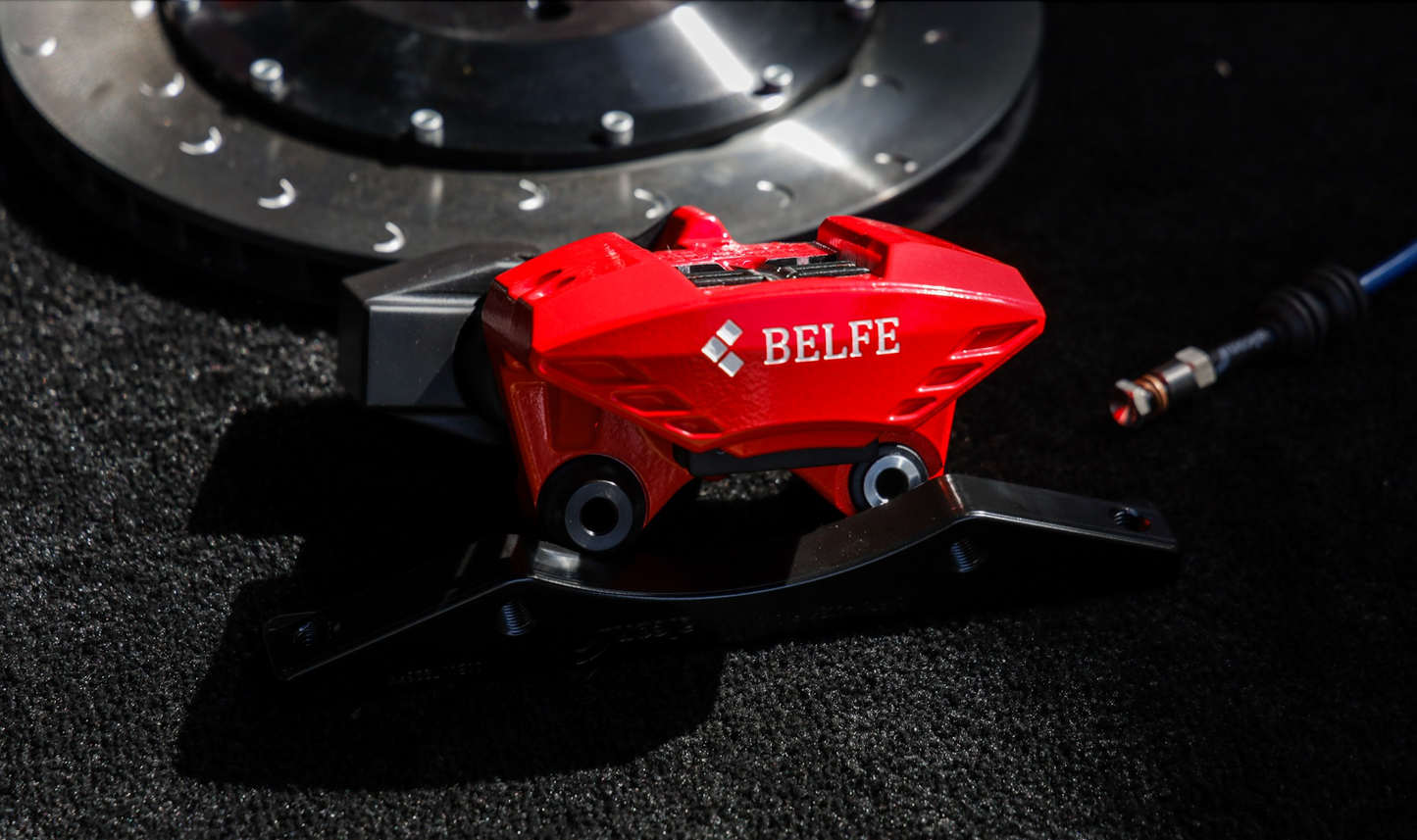 Front AP 956x Radi-Cal 2 6 Pot Calipers w/ BP 380mm Rotors, BP Pads, Bell, Brackets and Steel Braided Hose, Rear AP 954x (28mm) Radi-Cal 2 4 Pot Calipers w/ BP 380mm Rotors, BP Pads, Bell, Brackets and Steel Braided Hose, BELFE EPB Adaptor