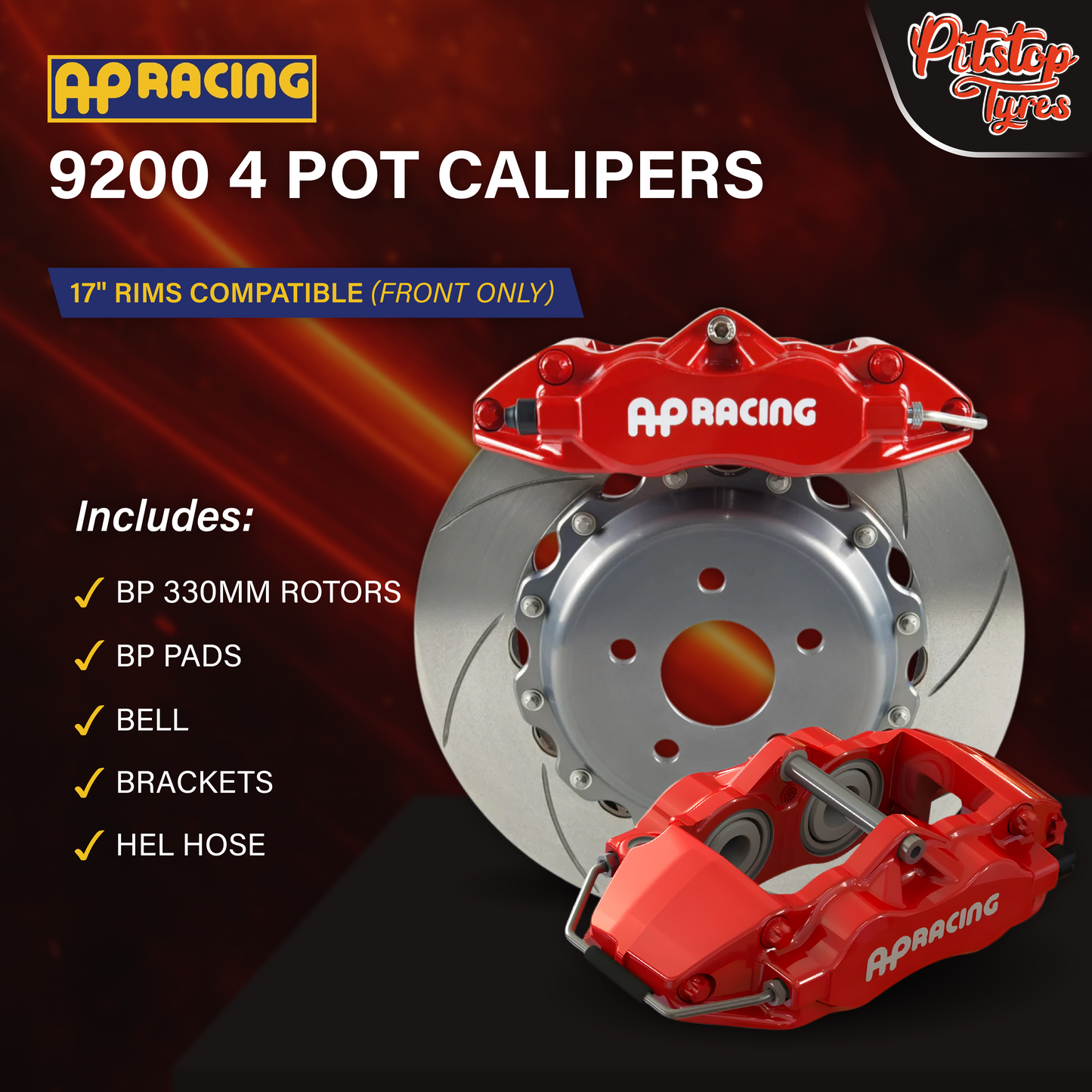 Front AP 9200 4 Pot Calipers w/ BP 330mm Rotors, Bell, BP Pads, Brackets and Steel Braided Hose [17" Compatible]