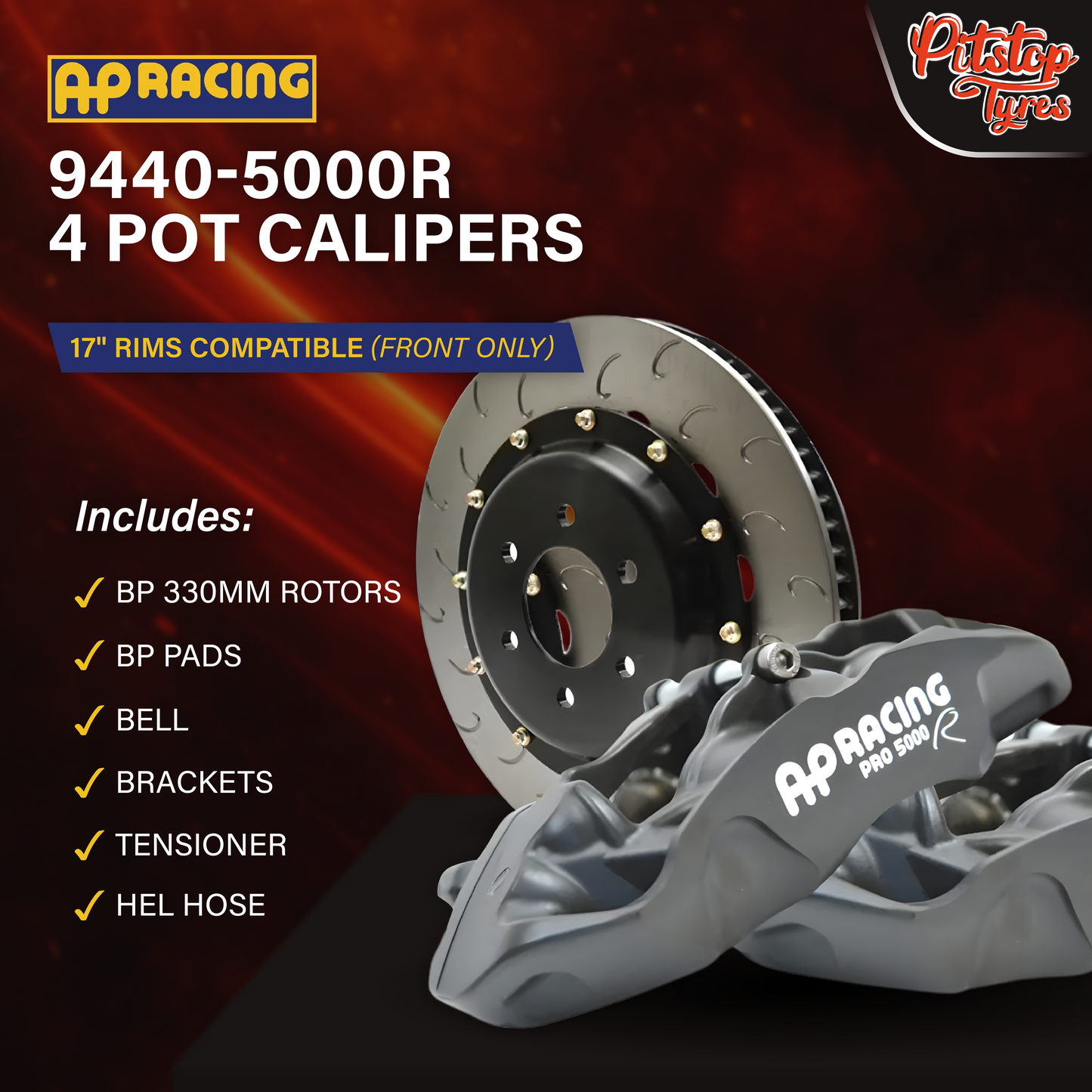 Front AP 9440-5000R 4 Pot Calipers w/ BP 330mm Rotors, BP Pads, Bell, Brackets, Steel Braided Hose [17" Compatible]