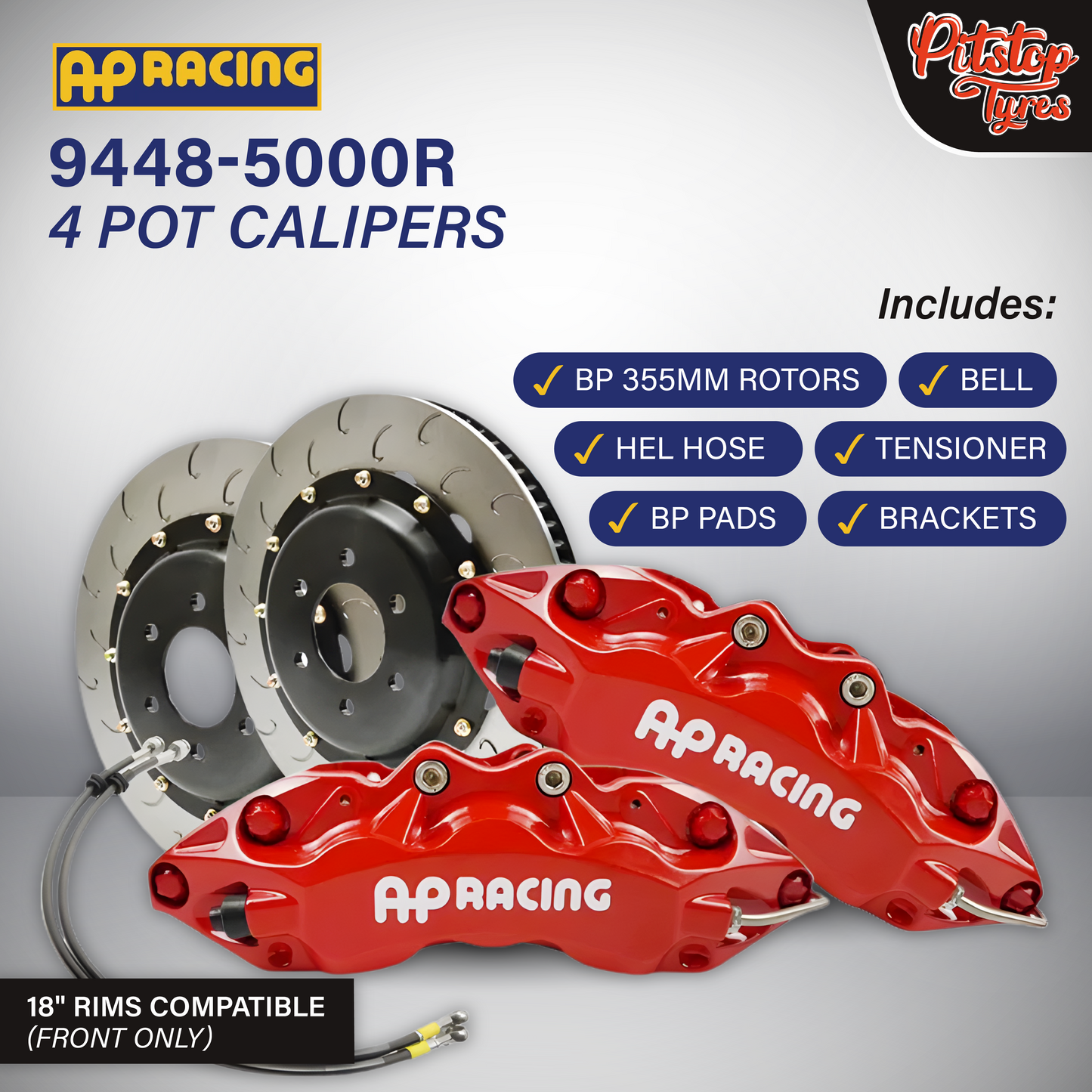 Front AP 9448-5000R 4 Pot Calipers w/ BP 355mm Rotors, BP Pads, Bell, Brackets, Steel Braided Hose (Anodized Grey) [18" Compatible]