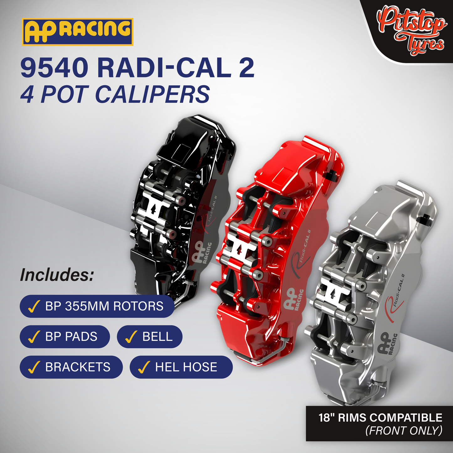 Front AP 956x Radi-Cal 2 6 Pot Calipers w/ BP 380mm Rotors, BP Pads, Bell, Brackets and Steel Braided Hose, Rear AP 954x (28mm) Radi-Cal 2 4 Pot Calipers w/ BP 380mm Rotors, BP Pads, Bell, Brackets and Steel Braided Hose, BELFE EPB Adaptor