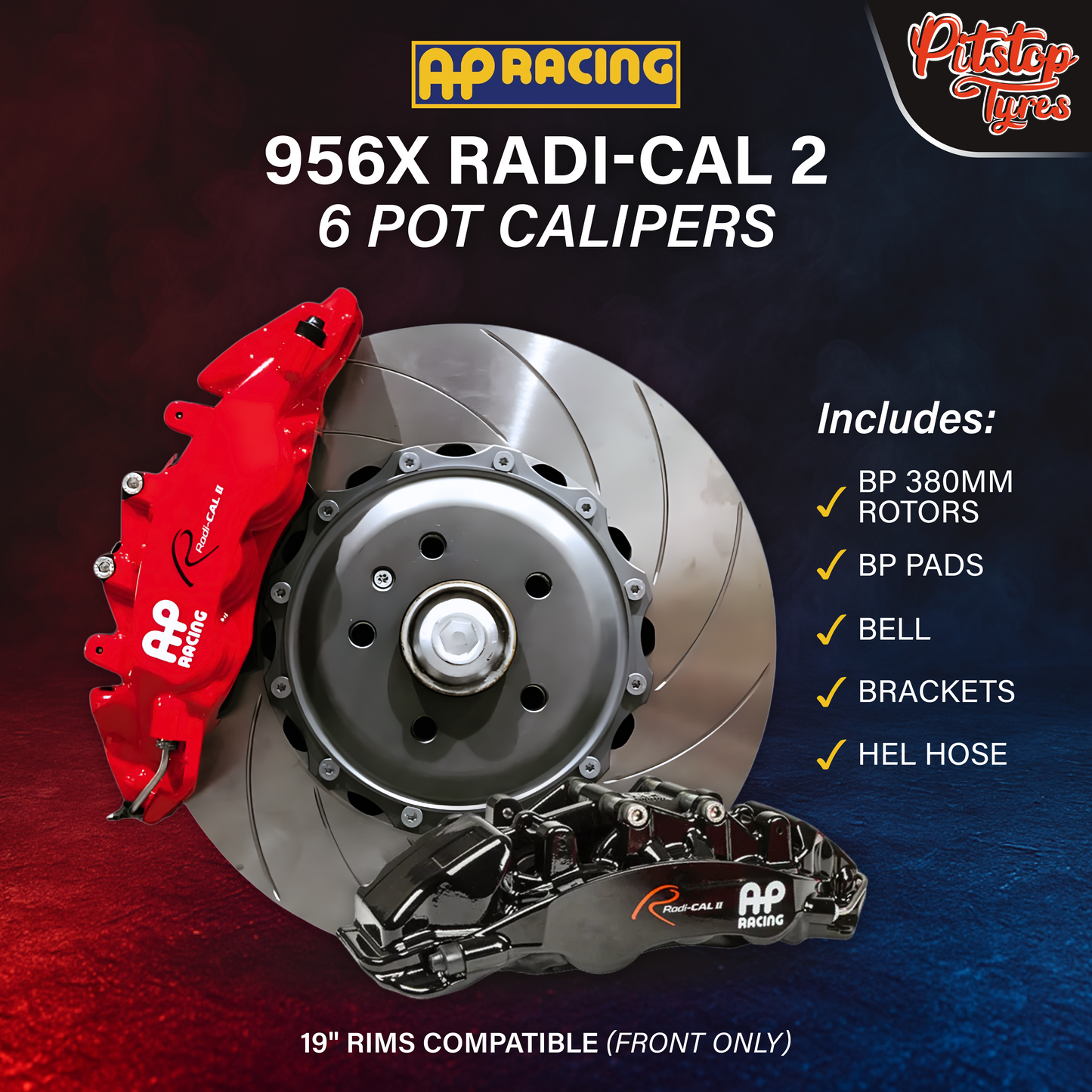 Front AP 956x Radi-Cal 2 6 Pot Calipers w/ BP 380mm Rotors, BP Pads, Bell, Brackets and Steel Braided Hose, Rear AP 954x (28mm) Radi-Cal 2 4 Pot Calipers w/ BP 380mm Rotors, BP Pads, Bell, Brackets and Steel Braided Hose, BELFE EPB Adaptor