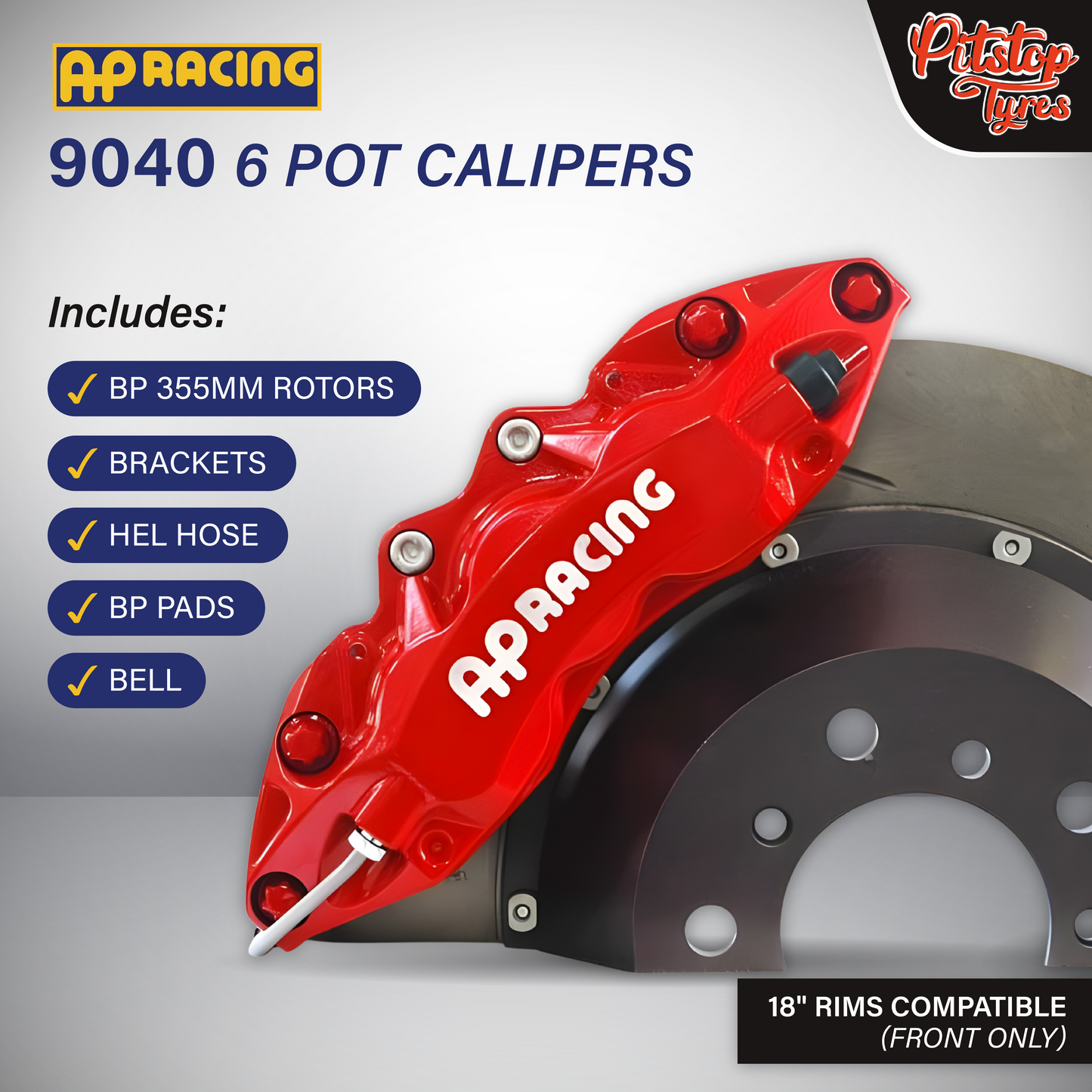 Front AP 9040 6 Pot Calipers w/ BP 355mm Rotors, Bell, BP Pads, Brackets and Steel Braided Hose [18" Compatible]