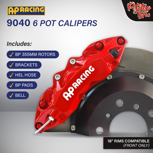 Front AP 9040 6 Pot Calipers w/ BP 355mm Rotors, Bell, BP Pads, Brackets and Steel Braided Hose [18" Compatible]