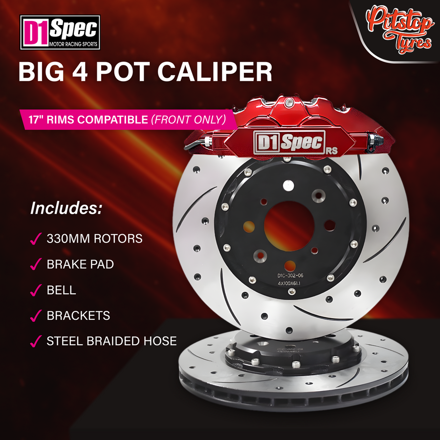 Front D1 Spec Big 4 Pot Caliper w/ 330mm Rotors, Brake Pad, Bell, Brackets & Steel Braided Hose [17" Compatible]